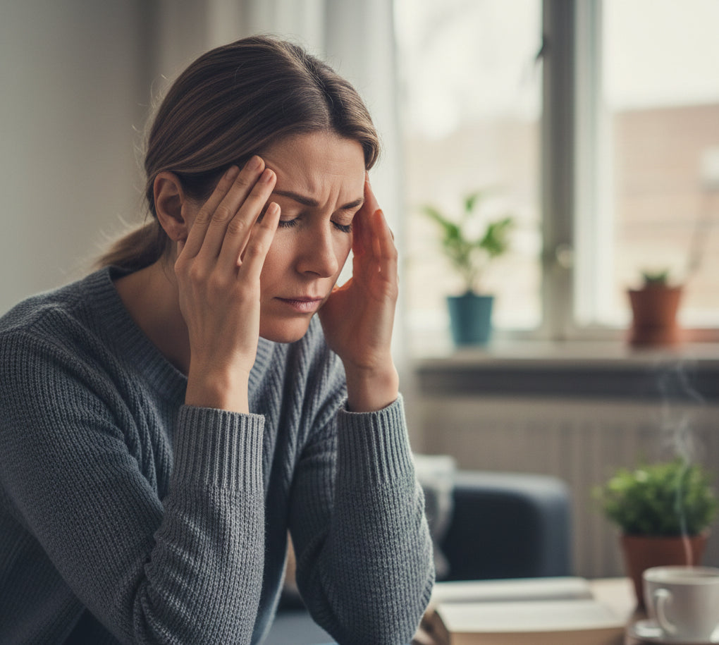kvinna med spänningshuvudvärk sittandes vid köksbord