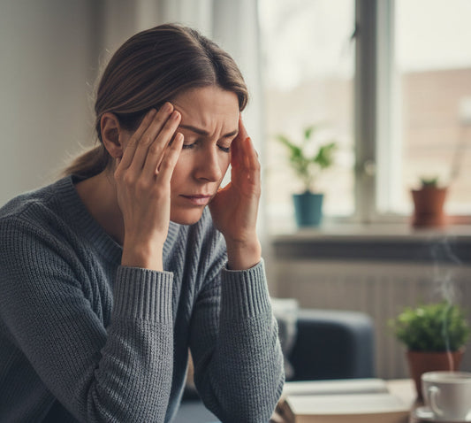 kvinna med spänningshuvudvärk sittandes vid köksbord