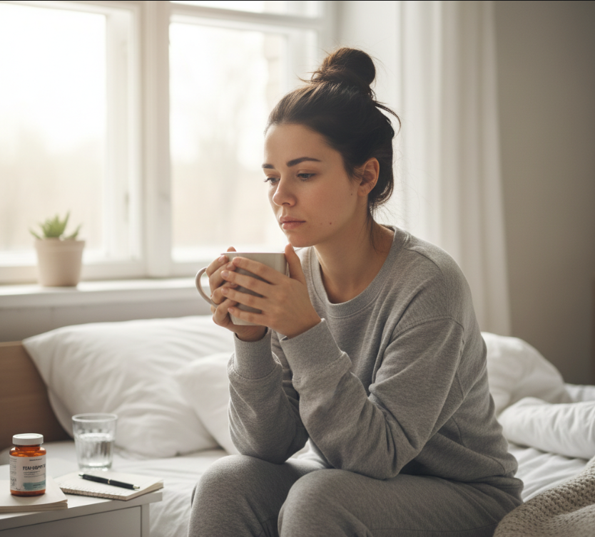 Mujer con migraña hormonal sentada en el borde de la cama