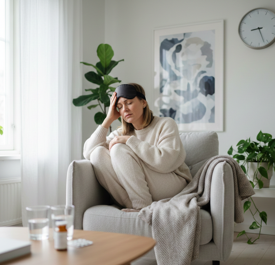 Mujer con migrana en un sillón